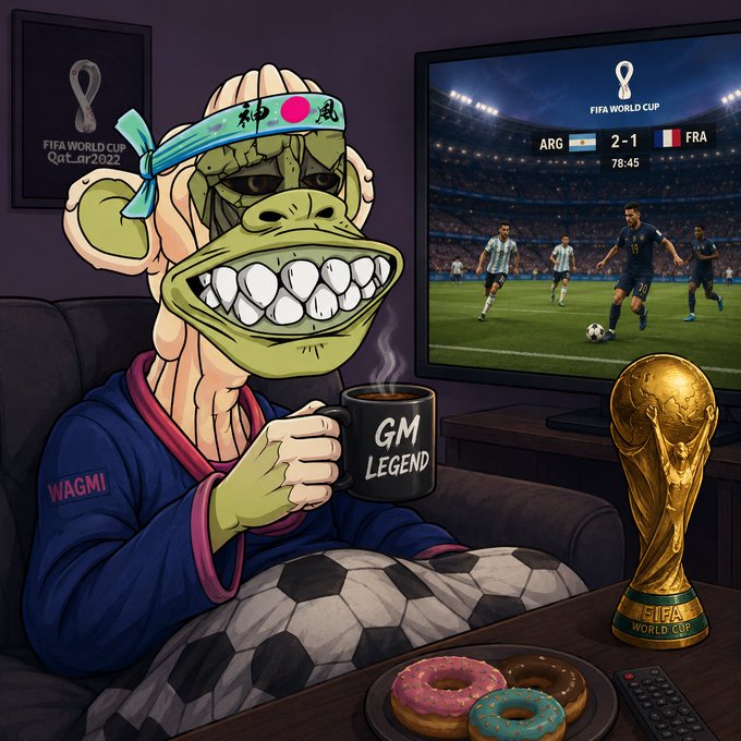 A cartoon monkey wearing a 'WAGMI' hoodie and headband sits on a couch holding a 'GM LEGEND' mug, watching the FIFA World Cup Qatar 2022 match between Argentina and France (ARG 2-1 FRA at 78:45), with a World Cup trophy and donuts nearby.