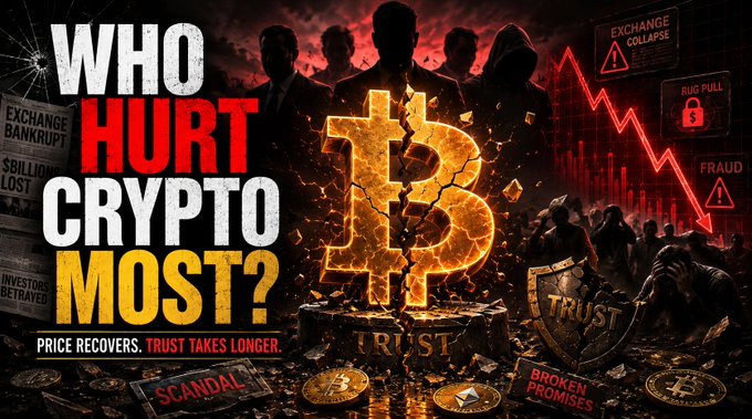 A dark, ominous graphic featuring a broken Bitcoin symbol surrounded by warning signs labeled 'EXCHANGE COLLAPSE', 'FRAUD', 'SCANDAL', and 'BROKEN PROMISES', with text asking 'WHO HURT CRYPTO MOST?'.