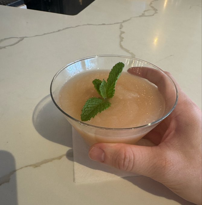 A hand holds a martini glass filled with a frosty pinkish cocktail garnished with fresh mint leaves, resting on a white marble countertop.