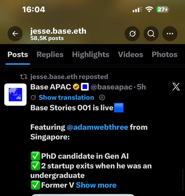 The image shows a Twitter post by @jessepollak that has been reposted today. The post includes information about a Base Stories feature featuring @adamwebthree, an AI founder with a PhD background who has recently left his previous job at $OS? and is now working on a new project called @officialbunnyos. The post also mentions that the creator of this project is GenAI PhD and has a direct connection to @jessepollak.