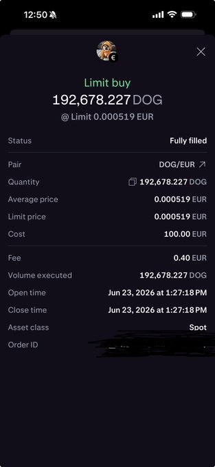 The image shows a phone screen with a message about a dog trading platform, specifically for dogs. The text on the screen reads "Limit Buy Dog", which indicates that someone has purchased a dog through this platform. The price of the dog was $DOG, and the buyer paid using a credit card. The post also mentions an opportunity to buy a dog at a low price, but it is unclear if the price is actually being offered or if it's just a promotional message.