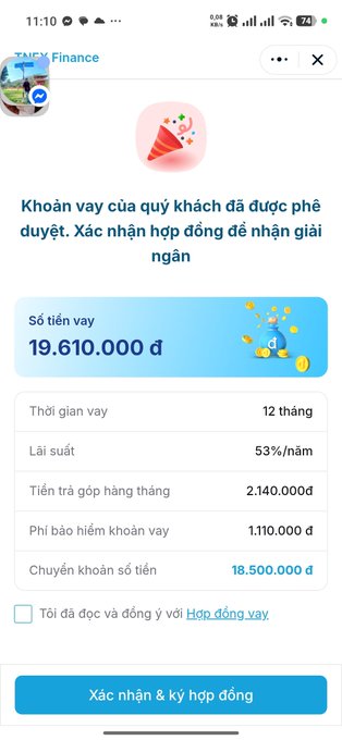 A mobile screenshot from 'TMEX Finance' in Vietnamese showing an approved loan of '19.610.000 đ' with a 53% annual interest rate, monthly payments of '2.140.000 đ', and a confirmation button at the bottom.