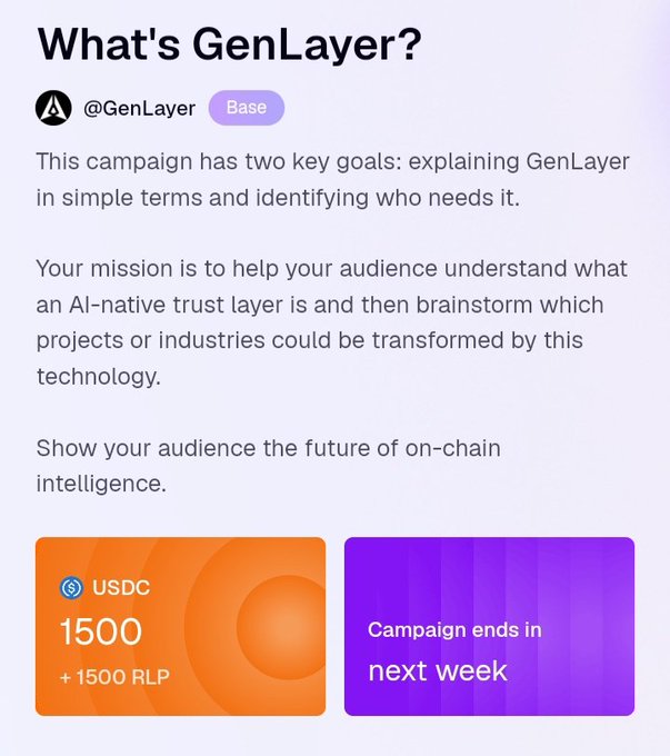 "What's GenLayer?" is being described as a campaign with two key goals: explaining GenLayer and identifying those who need it. The text also mentions USDC, 1500 RLP, and an AI agent making a deal cut-off at the bottom right corner of the image.