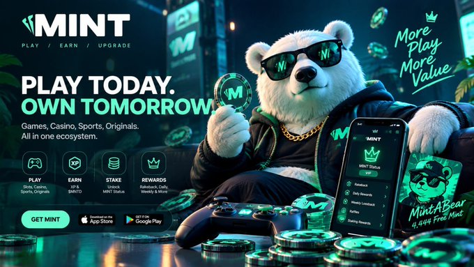 An advertisement for 'MINT' featuring an anthropomorphic bear wearing sunglasses and gold chains, promoting 'Play Today. Own Tomorrow' with options to Play, Earn, Stake, and get Rewards, available on the App Store and Google Play.