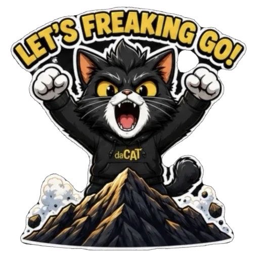 A cartoon sticker design of an excited black cat with raised fists shouting 'LET'S FREAKING GO!' wearing a 'daCAT' hoodie atop a mountain.
