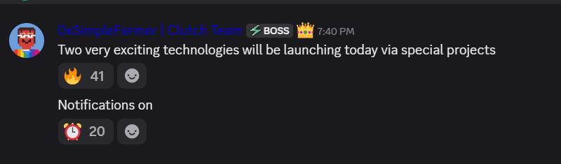 A Discord message from user "0xSimpleFarmer | Clutch Team" with BOSS role reads "Two very exciting technologies will be launching today via special projects," followed by "Notifications on," with 41 fire and 20 alarm clock emoji reactions. This corresponds to the post confirming the Stonk Launcher launch at Clutch Markets, featuring the deployment of Clockincoin and Sleuthintel projects.