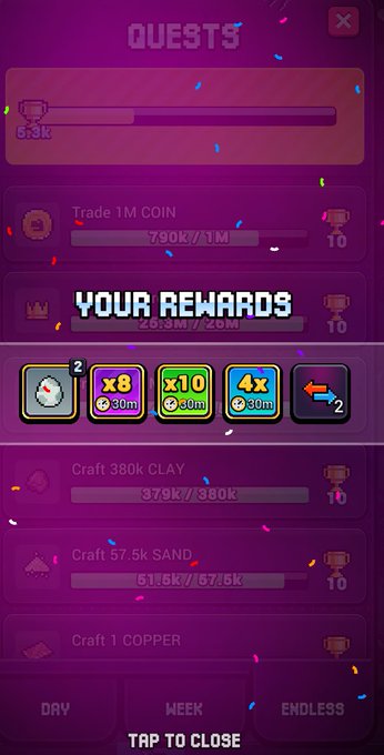 A mobile game "QUESTS" screen showing progress on tasks like "Trade 1M COIN," "Craft 380k CLAY," and "Craft 57.5k SAND," with a "YOUR REWARDS" popup displaying icons for eggs, tokens, and arrows.