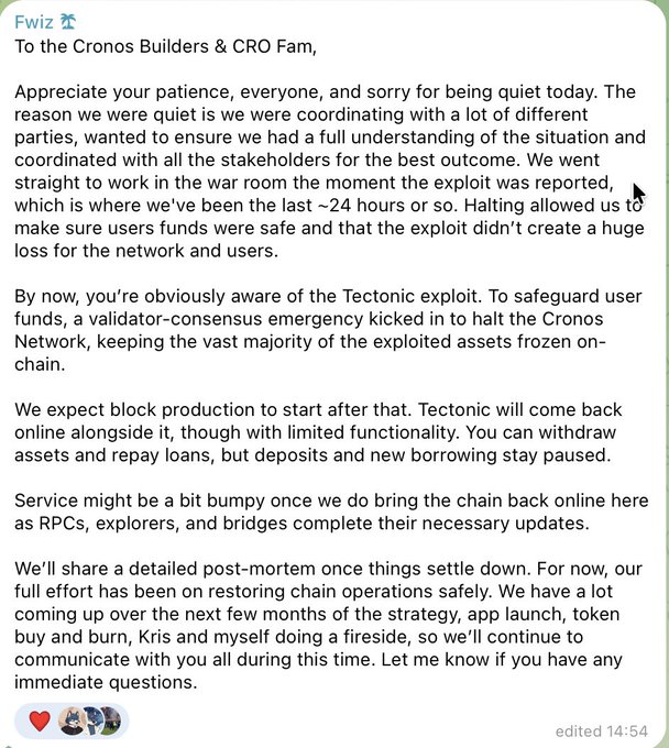 A message from Fwiz, CEO of Cronos Labs, addressing the Cronos Builders & CRO Fam about the recent Tectonic exploit, explaining that the Cronos Network was halted via validator-consensus emergency to freeze exploited assets and protect user funds.