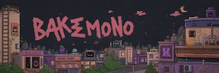 A pixel-art style cityscape at night features the bold red text "BAKEMONO" prominently displayed against a starry sky, with whimsical buildings and a crescent moon framing the scene. The image appears to be a banner celebrating the "Bakemono" project's 25 GTD (Guaranteed) giveaway winners listed in the caption.