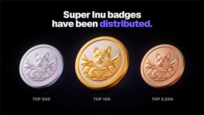 A promotional graphic announcing that Super Inu ($SI) badges have been distributed, displaying three tiered collectible coins—a silver "TOP 500" badge, a gold "TOP 100" badge, and a bronze "TOP 2,500" badge—each featuring an embossed Shiba Inu character with a gem emblem, rewarding the top traders on the Melee Score leaderboard.