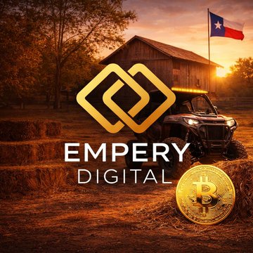 A promotional image for 'Empery Digital' featuring a barn with a Texas flag, a UTV vehicle, hay bales, and a Bitcoin logo set against a sunset.