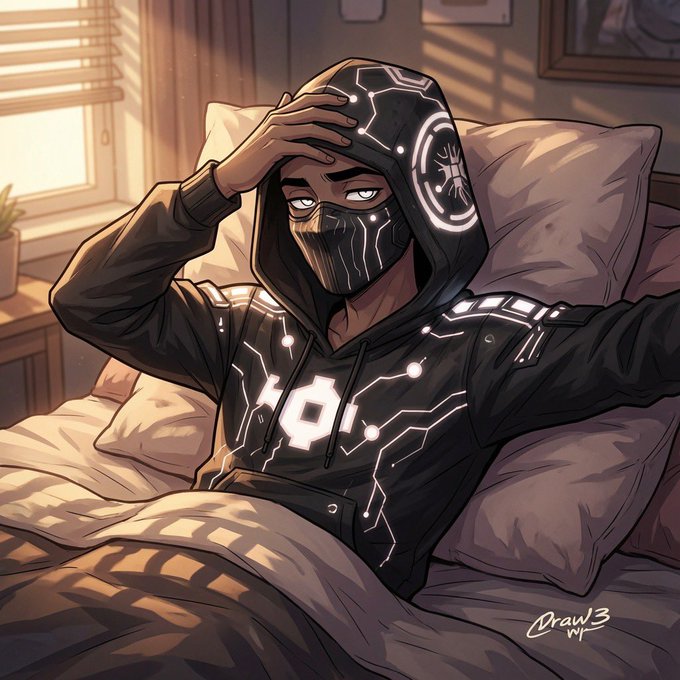 A digital illustration of a masked figure in a black hoodie with glowing circuit-like patterns, sitting up in bed with sunlight streaming through window blinds, signed 'Draw3'.