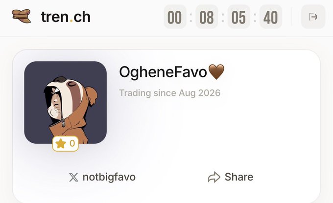 The image shows a profile page on tren.ch for user "OgheneFavo" (X handle: notbigfavo), featuring a Pepe-style avatar with 0 stars, a countdown timer showing 08:05:40, and a "Trading since Aug 2026" label. It serves as a visual reference for the post's instructions to visit tren.ch/@notbigfavo before the 8-hour promotion window expires.