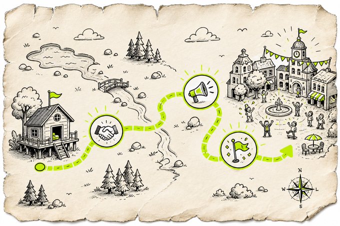 A hand-drawn treasure map illustration with a dashed green path connecting icons of a handshake, a megaphone, and a flag, leading from a cabin to a town with a compass rose.