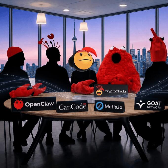 The image features a group of people sitting around a table, with each person wearing a hat or mask that resembles a robot or cyborg. The hats are red and have various designs such as a smiley face, a robot head, or a skull. There is also a large stuffed animal on the table, which appears to be a robot or cyborg-like figure.

The people in the image seem to be engaged in conversation, possibly discussing topics related to technology, robotics, or artificial intelligence. The overall atmosphere of the scene suggests that they are gathered for an event or gathering focused on these subjects.