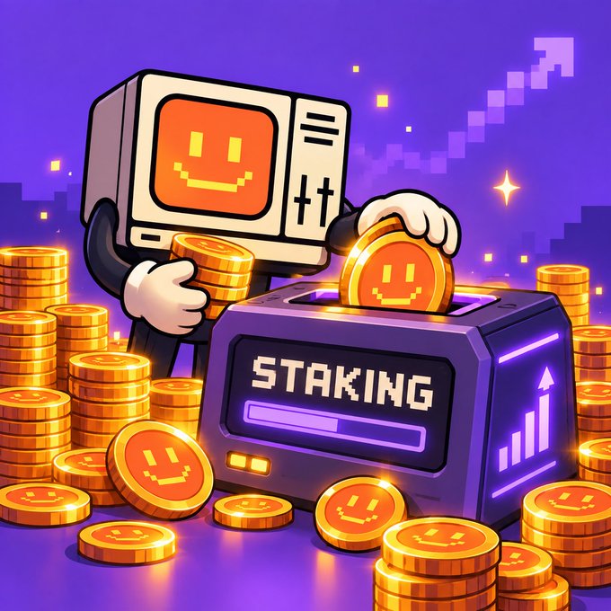 A pixel-art style illustration shows a retro computer monitor character with a smiley face depositing smiley-face coins into a 'STAKING' machine, surrounded by piles of gold coins against a purple background.