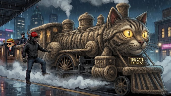 A whimsical illustration depicts a massive tabby cat with glowing yellow eyes transformed into a steam locomotive labeled "THE CATE EXPRESS," billowing smoke at a nighttime city platform where two small figures react in surprise. The image humorously reimagines a classic train scene by replacing the engine with the giant cat, playing on the $CATE ticker mentioned in the post.