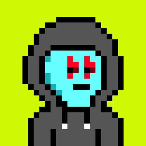 A cyan-skinned, pixel-art character wearing a dark hooded jacket with glowing red eyes against a lime green background. The hooded figure visually represents the "RH Migos" brand mascot referenced in the post, conveying a mysterious, hooded aesthetic that aligns with the Robinhood Migos cryptocurrency/DeFi theme.