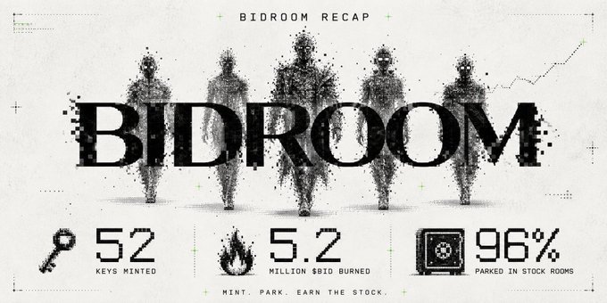 A 'BIDROOM RECAP' infographic displaying statistics: 52 KEYS MINTED, 5.2 MILLION $BIO BURNED, and 96% PARKED IN STOCK ROOMS, with silhouettes of figures in the background.