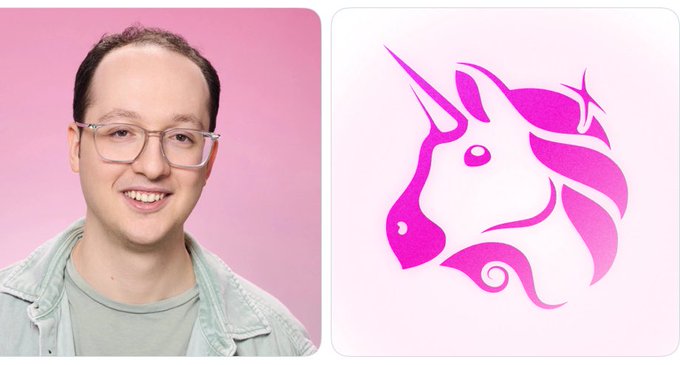 A man wearing glasses and a denim jacket smiles in a profile photo next to the pink Uniswap unicorn logo, illustrating his post about receiving a Uniswap airdrop that grew from approximately $10k to $1M in value.