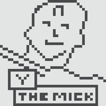 A pixel art logo featuring a hooded figure holding a box labeled "Y" above the text "THE MICK," representing the host's use of his Normie #9888 avatar on the canvas to share sports card collecting content.