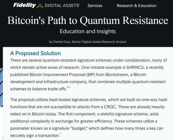 The image shows a Fidelity Digital Assets article titled "Bitcoin's Path to Quantum Resistance" by Daniel Gray, Senior Digital Assets Research Analyst, which proposes solutions like SHRINCS—a Bitcoin Improvement Proposal from Blockstream that combines multiple quantum-resistant signature schemes. The article supports the accompanying post by detailing how quantum-proofing Bitcoin is achievable but complex, discussing hash-based signature schemes, stateful signature budgets, and the trade-offs of implementing quantum-safe signatures.