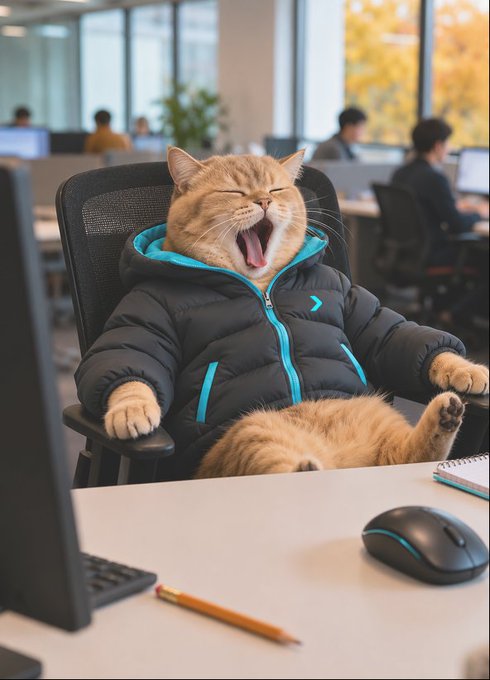 A humorous image of a chubby orange cat yawning widely while wearing a black and blue puffer jacket, seated at an office desk with a laptop and mouse.