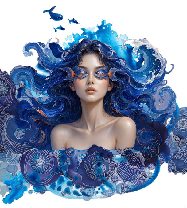 A fantasy digital illustration of a serene woman whose flowing blue hair transforms into ocean waves and aquatic creatures, adorned with decorative eye pieces.