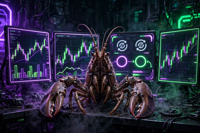 A surreal digital artwork features a large brown lobster positioned in front of three glowing monitors displaying stock market charts and graphs in vibrant purple and green colors.