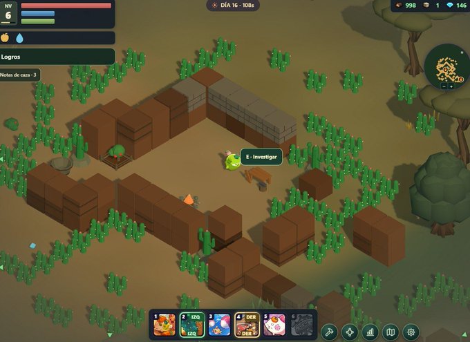 An isometric video game screenshot shows a desert environment with a stone building, scattered crates, cacti, and UI elements in Portuguese ('E - Investigar', 'Logros', 'DÍA 16 - 108s').