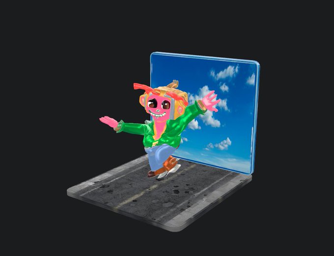 A 3D render of a cartoon character with orange hair, a green jacket, and blue pants jumping out of a laptop screen showing a sky with clouds.