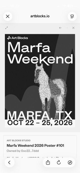 The image shows an advertisement for an art block event called "Marfa Weekend" that took place on October 22nd, 2016 at the Marfa Art Block Gallery in Austin, Texas. The poster features a horse standing on its hind legs against a black background with white text and logos. The post is from @artblocks_io and was shared by @base, who has purchased the artwork.