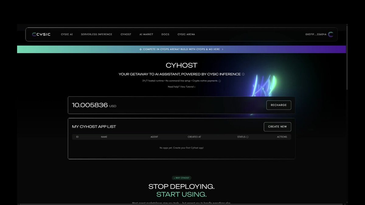 The image shows a screenshot of a user's computer screen with a website displayed that talks about CyOps Arena, which could either be a tutorial for entering the game or an advertisement offering rewards. The main subject of the image appears to be "Stop deploying your project. Start using."