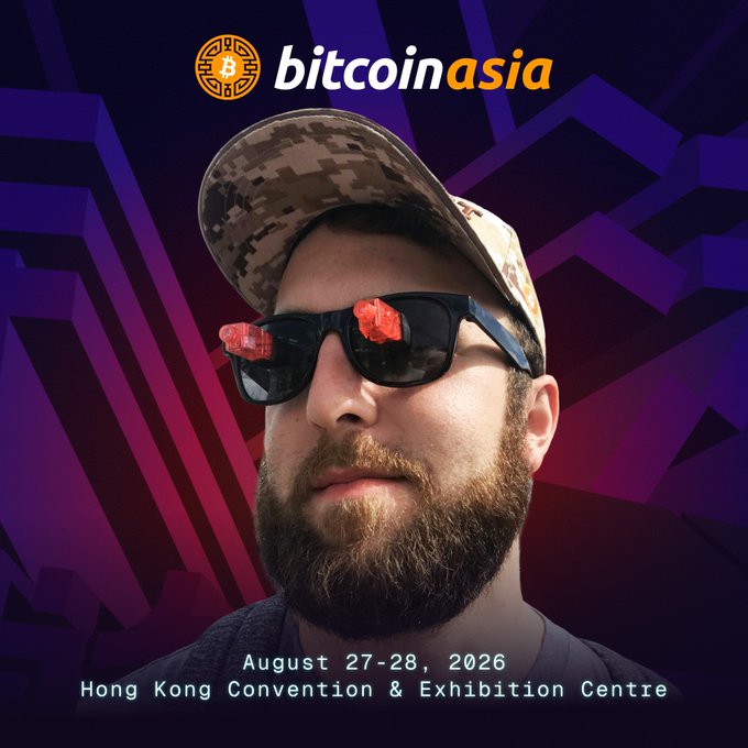 A Bitcoin Asia event promotional poster featuring a bearded man in sunglasses and a cap, with Bitcoin logos reflected in his lenses, advertising the August 27-28, 2026 conference at the Hong Kong Convention & Exhibition Centre.