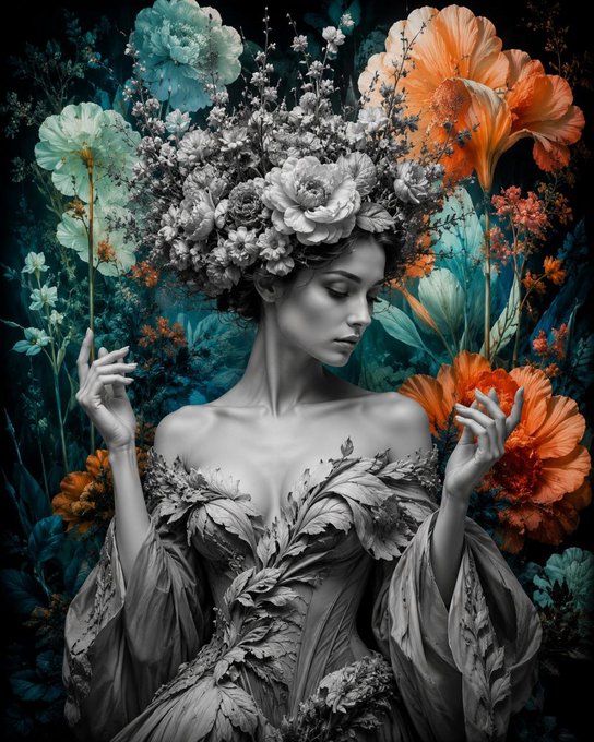 A monochromatic portrait of a woman wearing an elaborate gown made of leaves and a floral headdress, set against a vibrant background of orange and teal flowers.