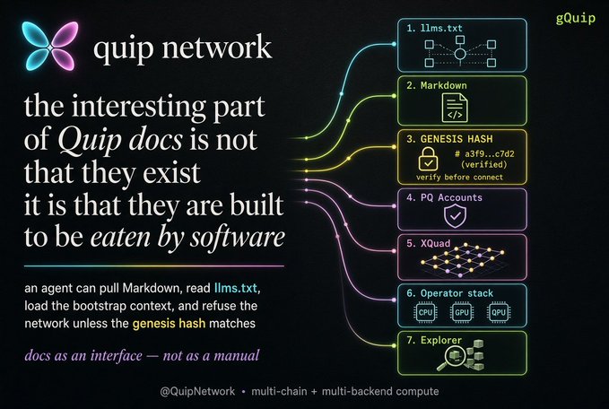 A dark promotional graphic for Quip Network features the Quip logo and headline text declaring "the interesting part of Quip docs is not that they exist it is that they are built to be eaten by software," alongside a numbered 7-step flowchart highlighting components like "1. llms.txt," "2. Markdown," "3. GENESIS HASH," "4. PQ Accounts," "5. XQuad," "6. Operator stack," and "7. Explorer." The image visually illustrates the post's point that Quip's documentation is designed as a machine-readable interface for agents, with the Genesis Hash step specifically reinforcing the post's mention of requiring hash verification before network access.