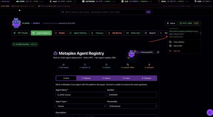 The image shows a computer screen displaying a webpage with information about the Metaplacex Agent Registry, which is related to cryptocurrency. The text on the page indicates that there are two agents available for registration, one of which is named "Solana". The website also provides details about the agent's capabilities and how it can be used by users.