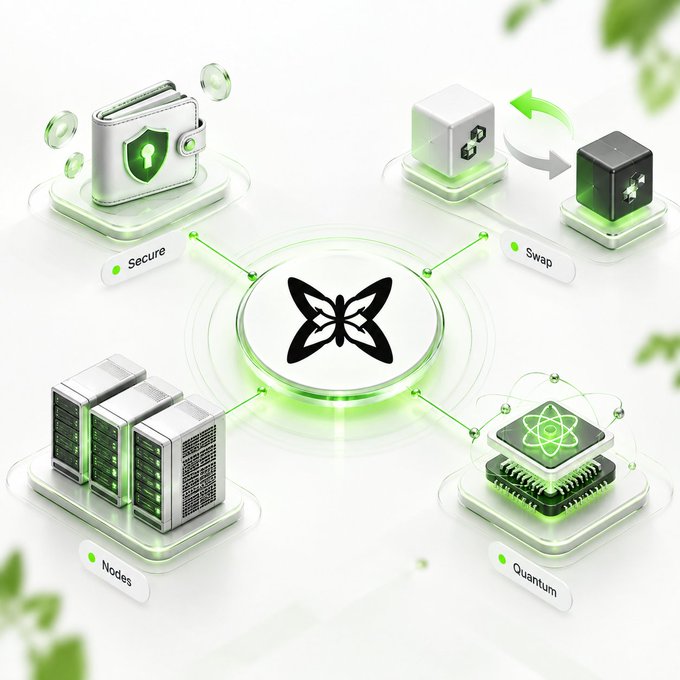 A 3D infographic illustrating a crypto ecosystem with a butterfly logo in the center connected to four nodes labeled 'Secure,' 'Swap,' 'Quantum,' and 'Nodes.'