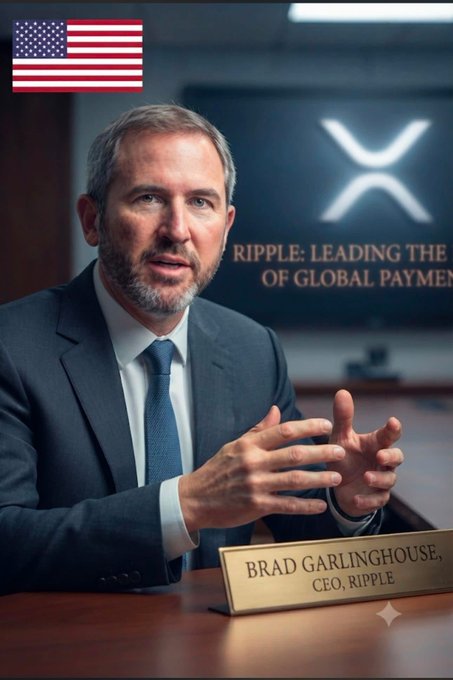 Brad Garlinghouse, identified by a nameplate as CEO of Ripple, sits in a dark suit gesturing during what appears to be an interview, with a screen behind him showing 'RIPPLE: LEADING THE [FUTURE] OF GLOBAL PAYMENTS' and the XRP logo, plus a U.S. flag overlay.