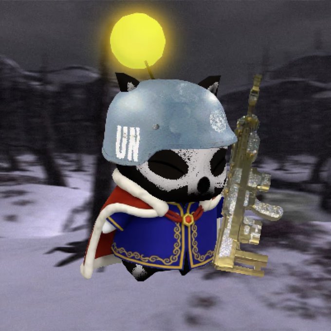 A 3D-rendered cartoon character wearing a blue "UN" helmet and royal cape, holding a golden assault rifle against a dark, wooded background.