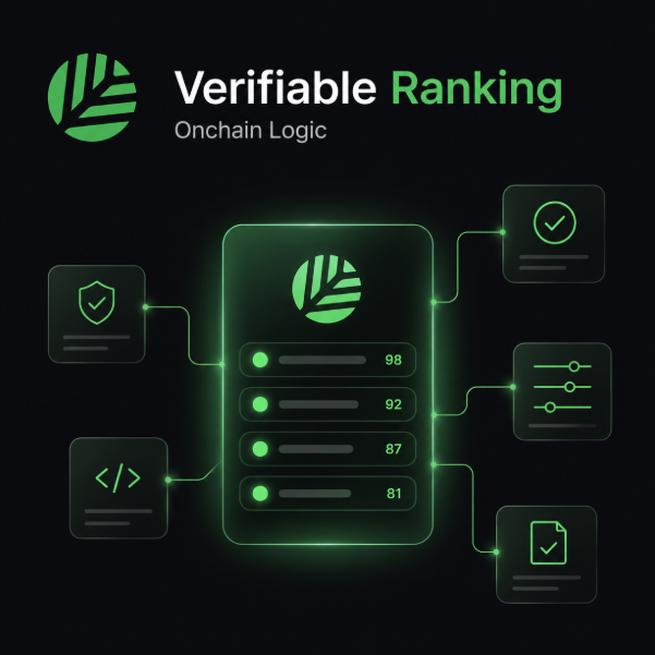 A dark-themed infographic titled 'Verifiable Ranking' with 'Onchain Logic' subtitle, showing a central interface with rankings (98, 92, 87, 81) connected to icons representing security, code, and verification features in green.