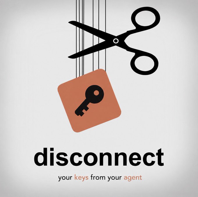 A graphic showing scissors cutting strings attached to a key icon, with text reading 'disconnect - your keys from your agent'.