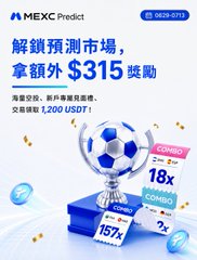 MEXC Predict ad promoting its World Cup prediction market with up to $315 in rewards, featuring a soccer ball trophy and stats like 157x payout, 18x combo boost, and a $1,200 USDT prize pool.