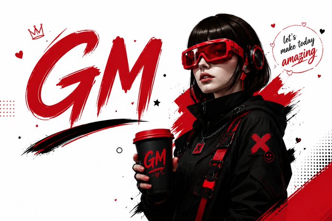 A 'GM' (Good Morning) themed graphic featuring an anime-style girl with red goggles and headphones holding a coffee cup, with text 'let's make today amazing'.