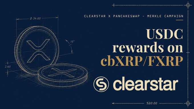 A dark blue promotional graphic for 'CLEARSTAR X PANCAKESWAP - MERKLE CAMPAIGN' offering 'USDC rewards on cbXRP/FXRP' alongside a blueprint-style drawing of XRP coins.