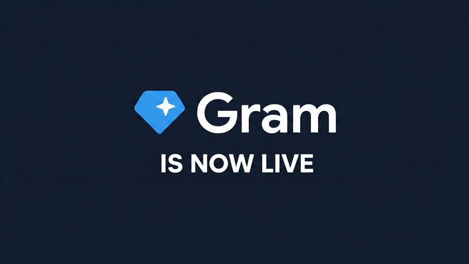 A logo graphic with a blue diamond icon and the text "Gram IS NOW LIVE" set against a dark navy background, visually announcing that the GRAM token is now live for trading on Binance as mentioned in the accompanying post about its listing.