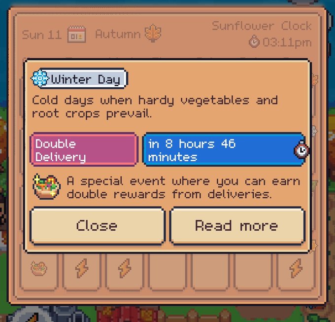 A pixel-art game interface titled 'Sunflower Clock' shows a 'Winter Day' event notification for 'Double Delivery' starting in '8 hours 46 minutes'.