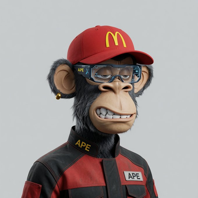 A 3D-rendered ape character wearing a red McDonald's cap, AR-style glasses, and a black and red racing jacket with 'APE' branding.