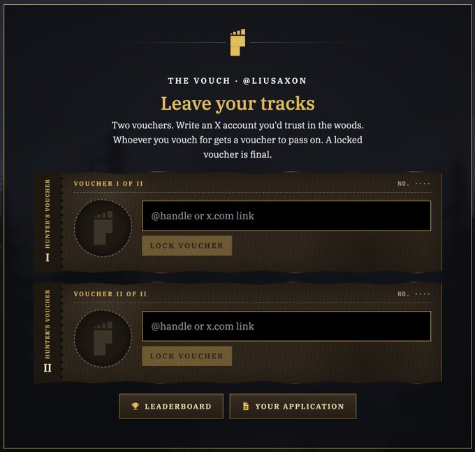 A dark-themed voucher webpage titled 'THE VOUCH · @LIUSAXON' reads 'Leave your tracks' with instructions for two vouchers and input fields for X account handles, along with 'LEADERBOARD' and 'YOUR APPLICATION' buttons.