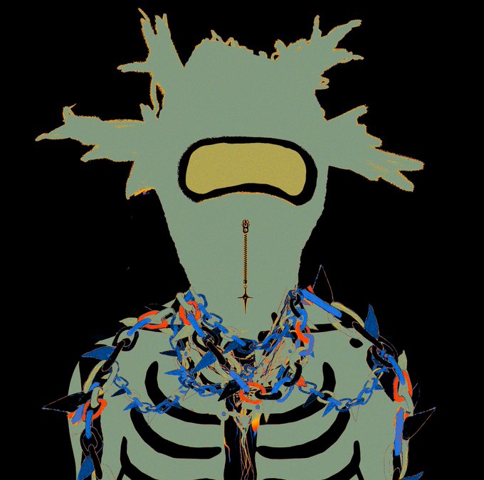 An artistic digital illustration of a figure with wild, spiky green hair, wearing a yellow visor, with blue and red chains and spikes adorning its neck.